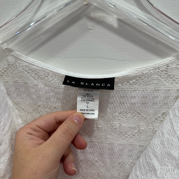 La Blanca Pleated Lace Crochet V-Neck Swim Beach Cover Up Tunic Dress Large - Picture 4 of 7